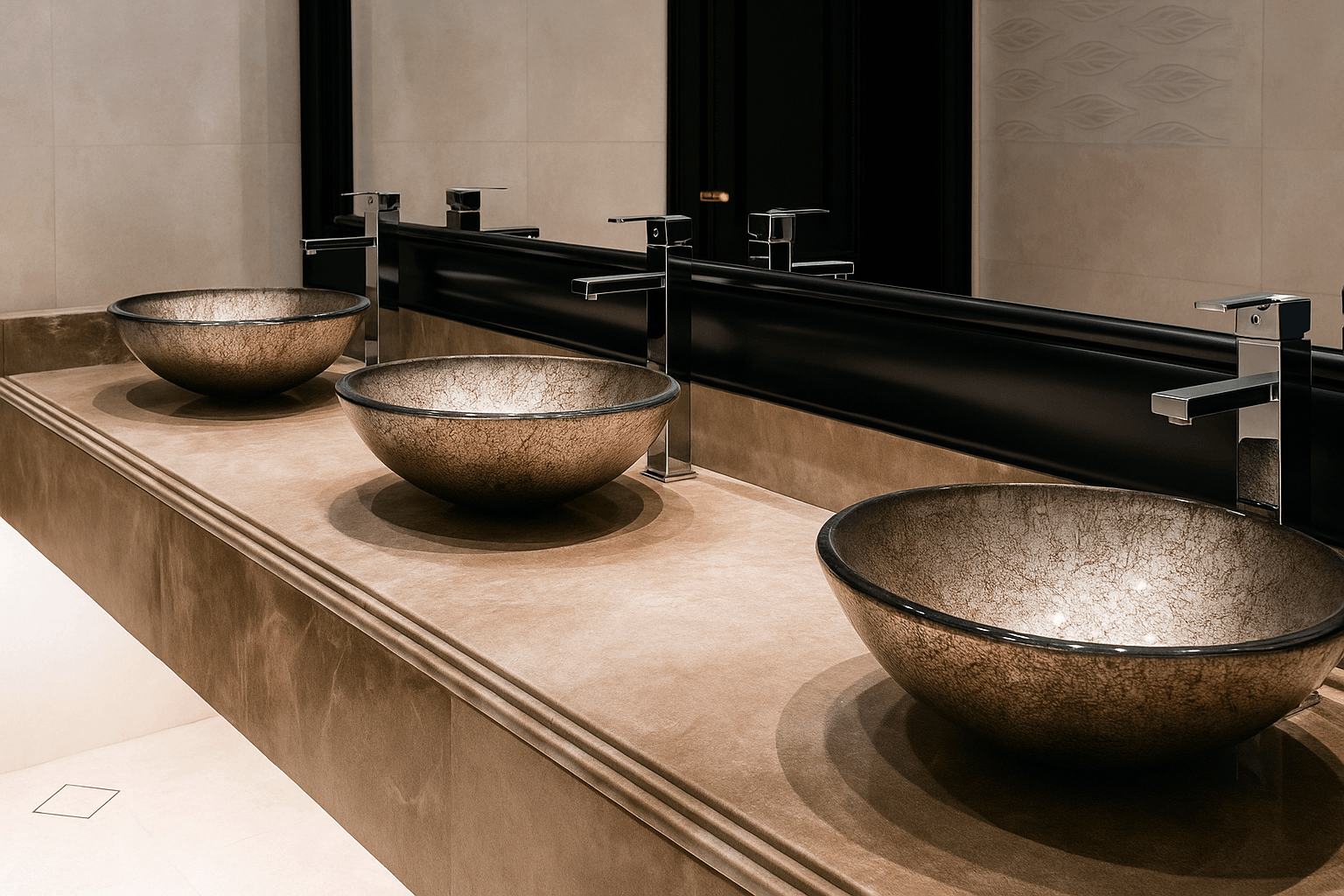 Polished Marble Countertops with Triple Copper-Effect Sinks